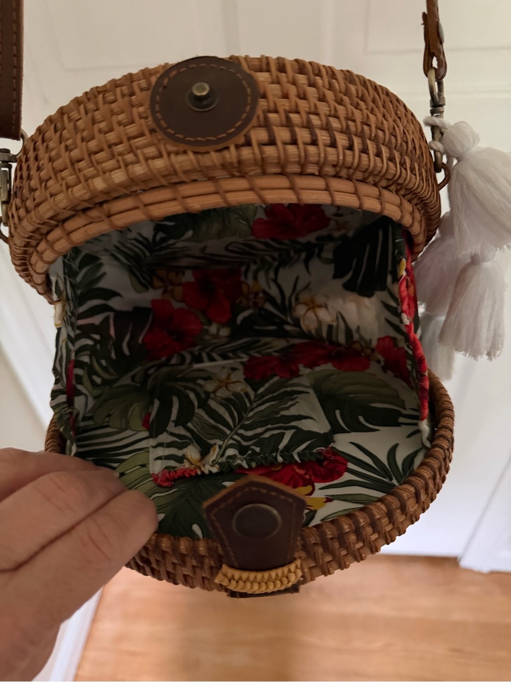 Woven Rattan Crossbody Bag with Tropical Lining - Brown